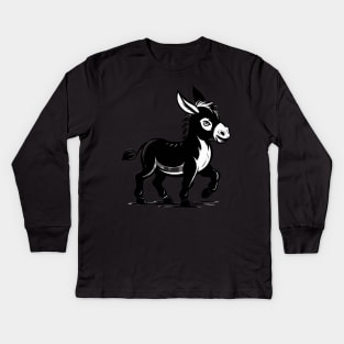 Cute Black and White Donkey Cartoon Animal Art Kids Long Sleeve T-Shirt